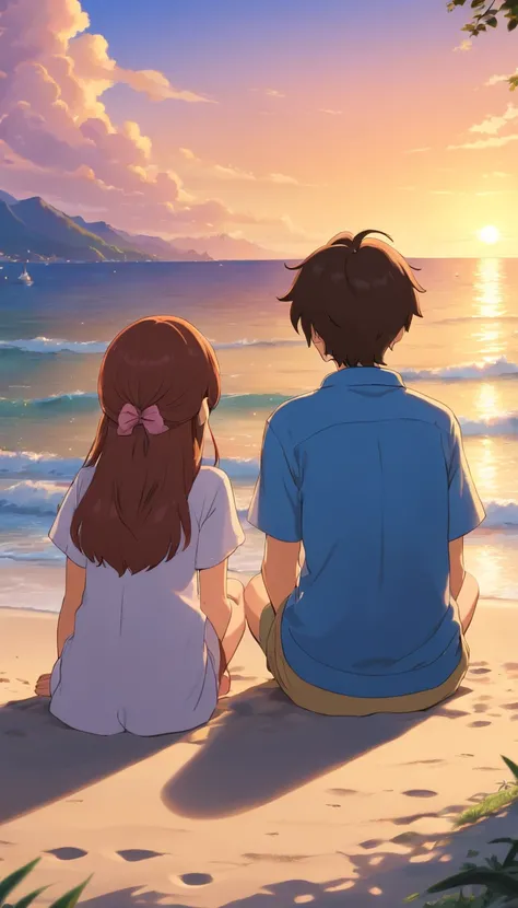 girl and boy together, sitting together, back to back, facing the beach, gazing at the sunset, anime-style. (best quality,4k,8k,highres,masterpiece:1.2),ultra-detailed,(realistic,photorealistic,photo-realistic:1.37),illustration,detailed eyes, detailed lip...