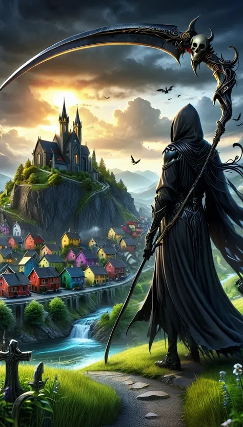 highres,ultra-detailed,realistic,landscape,small city in mountain valley,colorful houses,serene river,green trees,twisting roads,peaceful atmosphere,beautiful sunset,black grim reaper standing tall,pointing with (great death scythe:1.2) to city ,ominous pr...