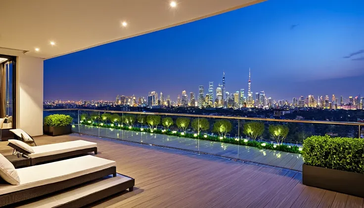 "Elevated Elegance: A Panoramic View of City Lights from a Modern Balcony"