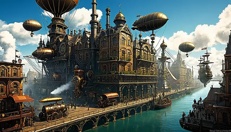 "steampunk city with airships and steam engines"