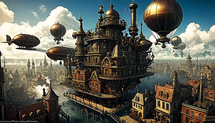 "steampunk city with airships and steam engines"