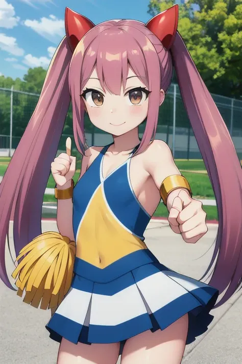 masterpiece, highest quality, High resolution, Arwendy, Long Hair, Twin tails, hair ornaments, Exposing shoulders, 
cheerleader,Bracelet, bracelet, Outdoor, 	thumbs up, Cowboy Shot, smile,
