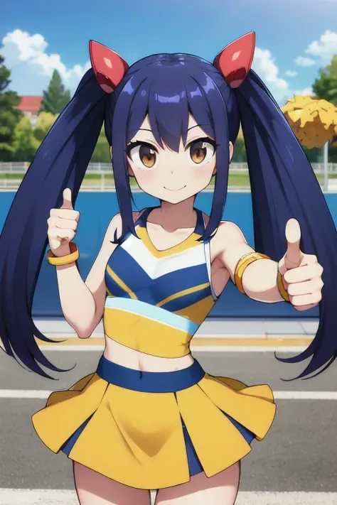 masterpiece, highest quality, High resolution, Arwendy, Long Hair, Twin tails, hair ornaments, Exposing shoulders, 
cheerleader,Bracelet, bracelet, Outdoor, 	thumbs up, Cowboy Shot, smile,
