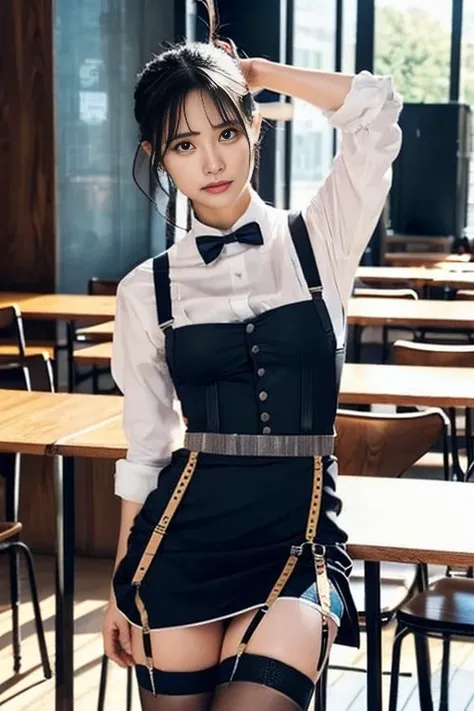 (Tabletop:1.2),high quality,Bright colors,Flat Color,The depth of the written world,Lens flare,1 girl,Black Hair,eye contact,suit,Collared shirt,Belt Bag,suspenders,Professional,office lady,Mature Woman,Black mini skirt　garter belt　Knee-length　stockings　Th...