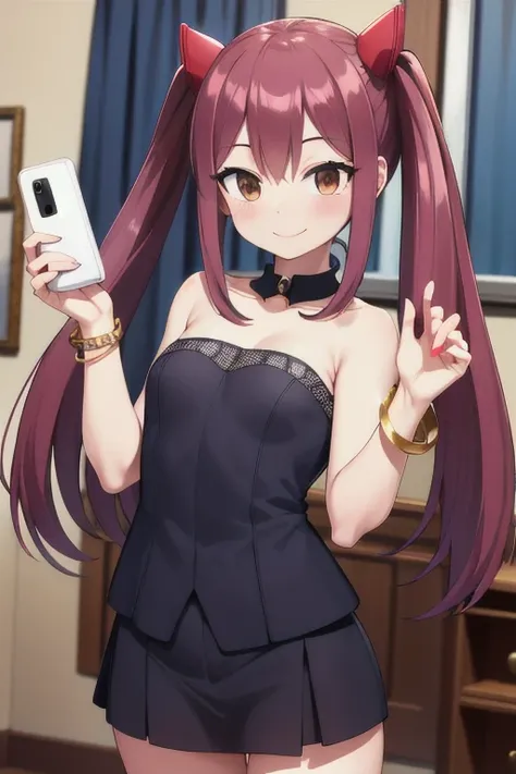 masterpiece, highest quality, High resolution, Arwendy, Long Hair, Twin tails, hair ornaments, Exposing shoulders, 
suit,Bracelet, bracelet, at home,holding a phone, Cowboy Shot, smile,
