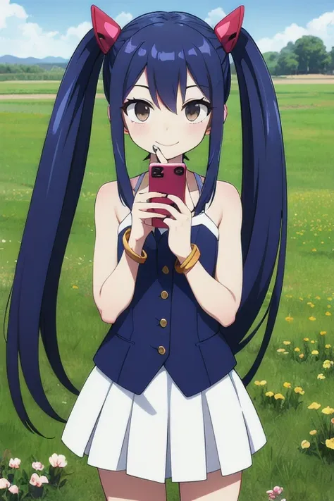 masterpiece, highest quality, High resolution, Arwendy, Long Hair, Twin tails, hair ornaments, Exposing shoulders, 
suit,Bracelet, bracelet, field,holding a phone, Cowboy Shot, smile,
