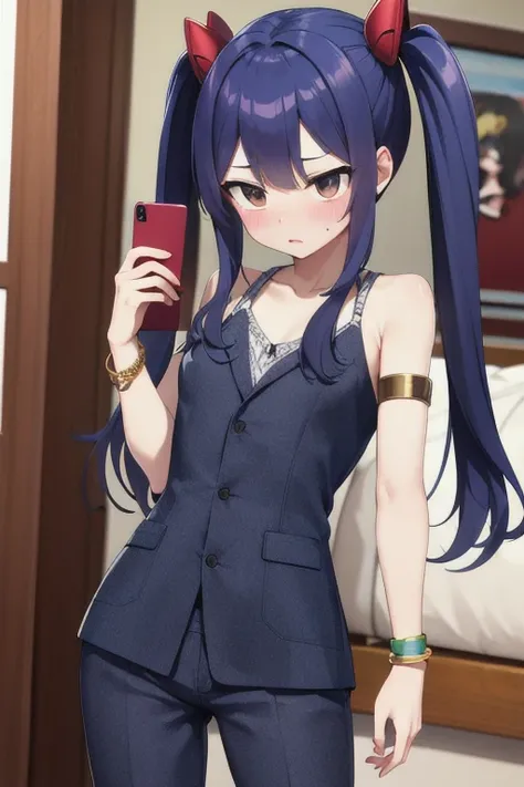 masterpiece, highest quality, High resolution, Arwendy, Long Hair, Twin tails, hair ornaments, Exposing shoulders, suit,Bracelet, bracelet, at home,holding a phone, Cowboy Shot, Embarrassed,