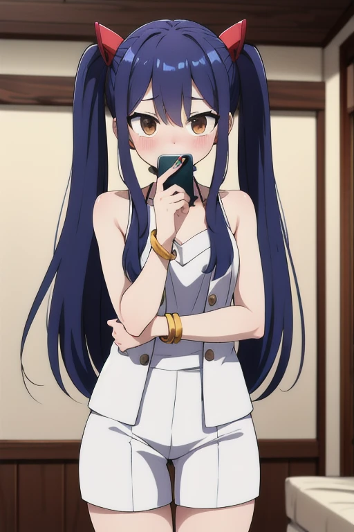 masterpiece, highest quality, High resolution, Arwendy, Long Hair, Twin tails, hair ornaments, Exposing shoulders, suit,Bracelet, bracelet, at home,holding a phone, Cowboy Shot, Embarrassed,