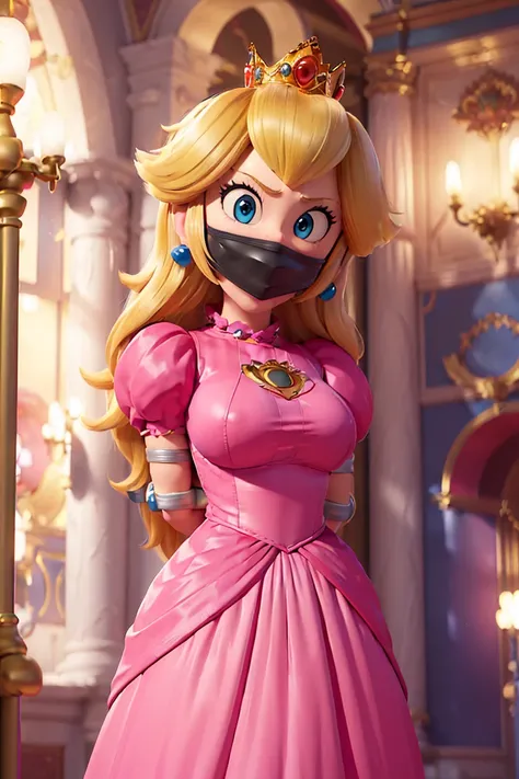 (inside a doungeon),  a  princess peach wearing a beautiful hot pink dress, she is over 6 feet tall and wears a golden crown ato...