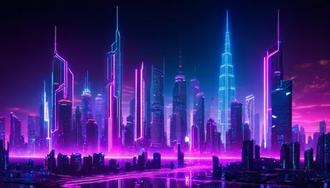 "futuristic cityscape with neon lights and skyscrapers"