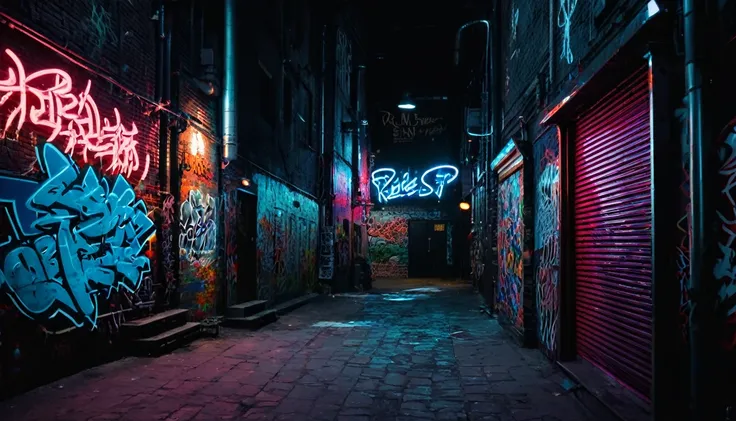 Dark alley with neon signs and graffiti