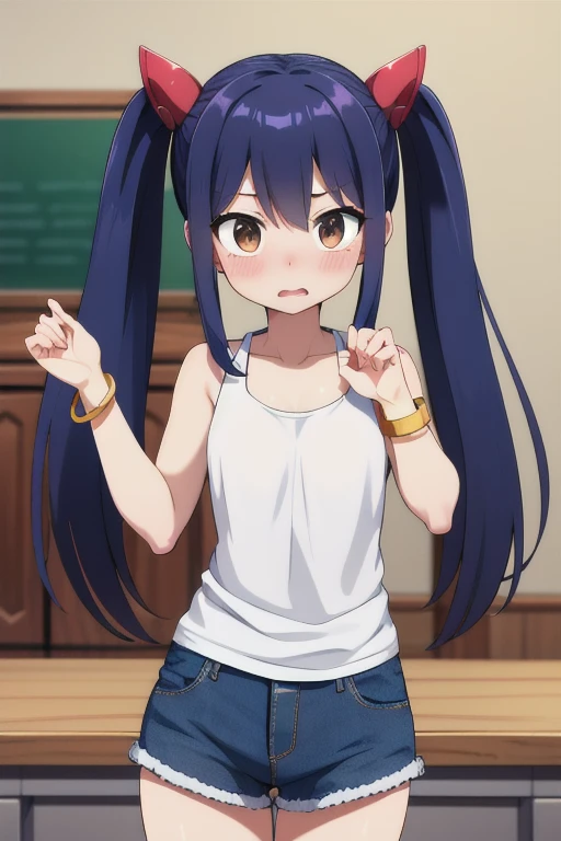 masterpiece, highest quality, High resolution, Arwendy, Long Hair, Twin tails, hair ornaments, Exposing shoulders, 
tank top,Bracelet, bracelet, at home,jumping, Cowboy Shot, Embarrassed,
