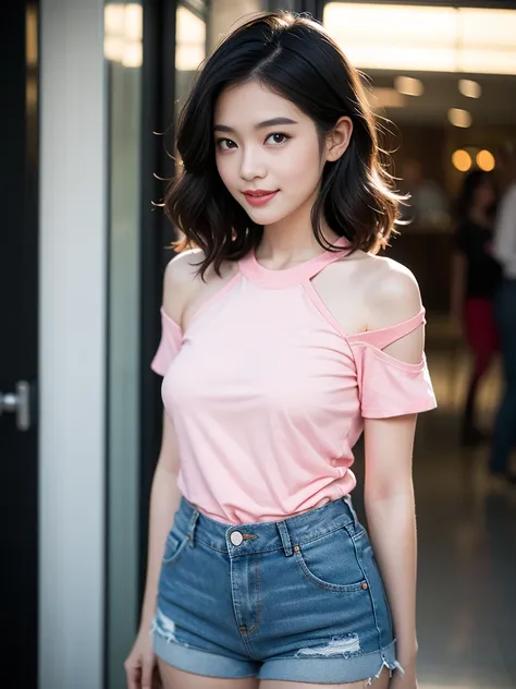 film photography, 1girl, t-shirt, denim shorts, standing, seductive smile, medium breast, full body, drunk blush:1.5, black wavy shoulder-length hair, serene, calm, (realistic detailed eyes, natural skin texture, realistic face details), soft dramatic ligh...