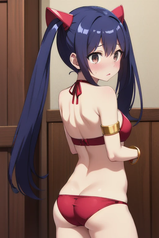 masterpiece, highest quality, High resolution, Arwendy, Long Hair, Twin tails, hair ornaments, Exposing shoulders, 
	bikini,Bracelet, bracelet, at home,arched back, Cowboy Shot, Embarrassed,
