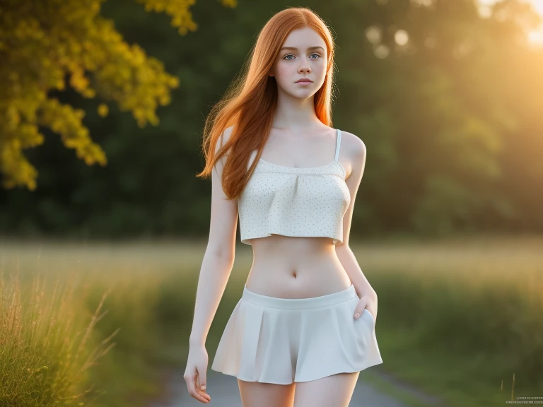 ultra realistic image, a ginger teenager girl, cute face, young face big green eyes, with a little freckles, a top, full body, at dawn, round face, pale skin, full body, standing, show legs, perfect body, breasts