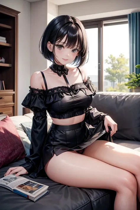 highest quality、masterpiece、8ｋ、Sharp focus, Beautiful woman with perfect figure,One Girl、A girl with black bob hair wearing a white short-sleeved blouse and a black miniskirt、Pretty girl、Toned body、Medium chest、 A light smile, 、She sits on the living room ...