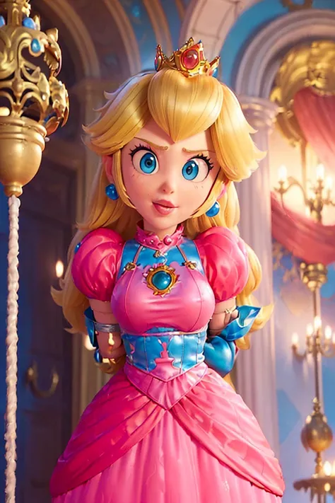 (inside a doungeon),  a  princess peach wearing a beautiful hot pink dress, she is over 6 feet tall and wears a golden crown ato...