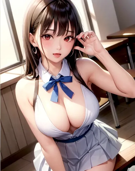 Check it out, masterpiece, highest quality, 1 Girl, alone, White skin, Black hair straight, Alternative costume, sexy shirt, Show off your breasts, show stomuch, Show your armpits, Crop top, Underbust, Pleated skirt, Show your chest, blush, shy, Sexy pose,...