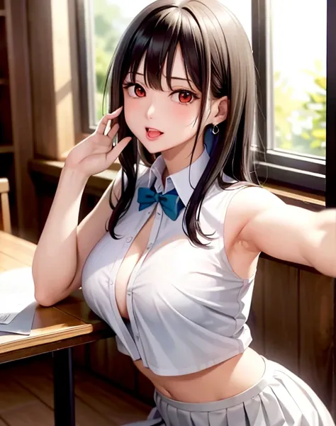 Check it out, masterpiece, highest quality, 1 Girl, alone, White skin, Black hair straight, Alternative costume, sexy shirt, Show off your breasts, show stomuch, Show your armpits, Crop top, Underbust, Pleated skirt, Show your chest, blush, shy, Sexy pose,...