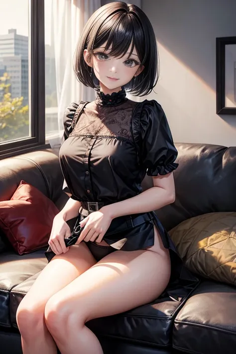 highest quality、masterpiece、8ｋ、Sharp focus, Beautiful woman with perfect figure,One Girl、A girl with black bob hair wearing a white short-sleeved blouse and a black miniskirt、Pretty girl、Toned body、Medium chest、 A light smile, 、She sits on the living room ...