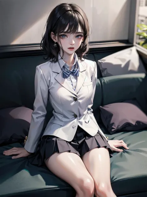 school_uniform, blazer, absurdres, RAW photo, extremely delicate and beautiful, masterpiece, Best Quality, ultra high resolution, 32k, hyperrealistic, ultra-detailed, detailed description, pale skin, 20 years old, tearful mole, earring, short medium hair, ...