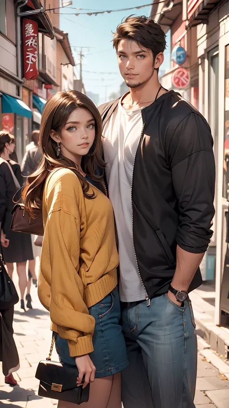 masterpiece, anime, highest quality, 2 others, Couple, mature, Adult, Height difference, Different Fashion, Different colors, Casual clothing, Long sleeve, smile, Happy, like, Swirling Wind, blue sky, Long-haired men, Woman with light brown hair, Black-hai...