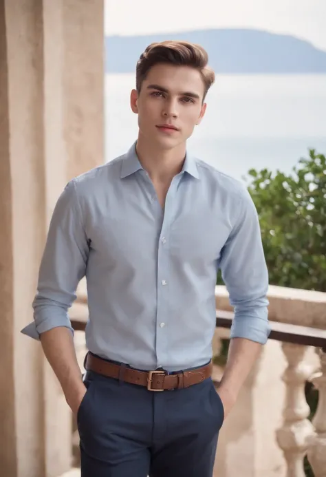 round Face shape,small lips,protruding dimple chin, thick eyebrows,almond shape eyes,(best quality,4k,realistic),(24-year-old),(boy),(wearing),(old money style),(navy blue shirt),(light color trouser),(aesthetic body),(standing),(on the balcony),(besides),...