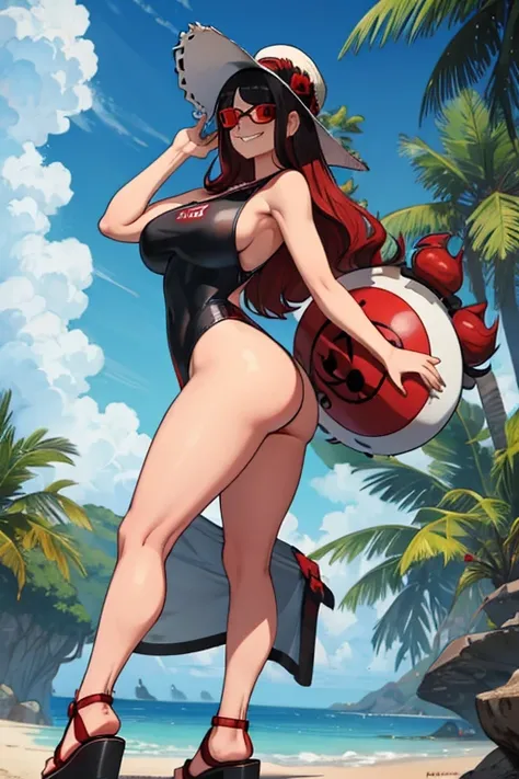 female, white long hair, red eyes, (((1girl))), (((black one piece swimsuit))), (red sarong), (black sun hat), (black sandals), (sunglasses), cute and sexy, full body, huge breasts, huge butt, long legs, smiling