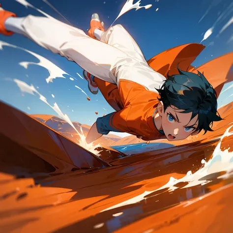 an eighteen year old animated boy is on the planet Mars playing in the water. depict it with splashes of water 