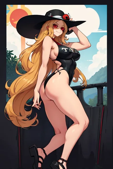 female, white long hair, red eyes, (((1girl))), (((black one piece swimsuit))), (black sun hat), (black sandals), (sunglasses), cute and sexy, full body, huge breasts, huge butt, long legs, smiling