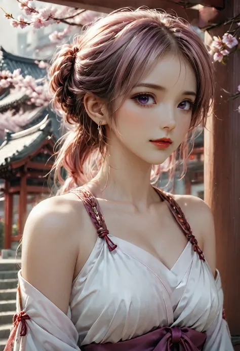 loraggl15, 1 girl, (ulzzang-6500:0.7), Kpop-idea, yae miko, detached sleeves, bare shoulders, pink hair, long hair, japanese clothes, best quality, (painting:1.5), (hair decoration:1. 35), jewellery, purple eyes, earrings, breasts, torii, cherry blossoms, ...