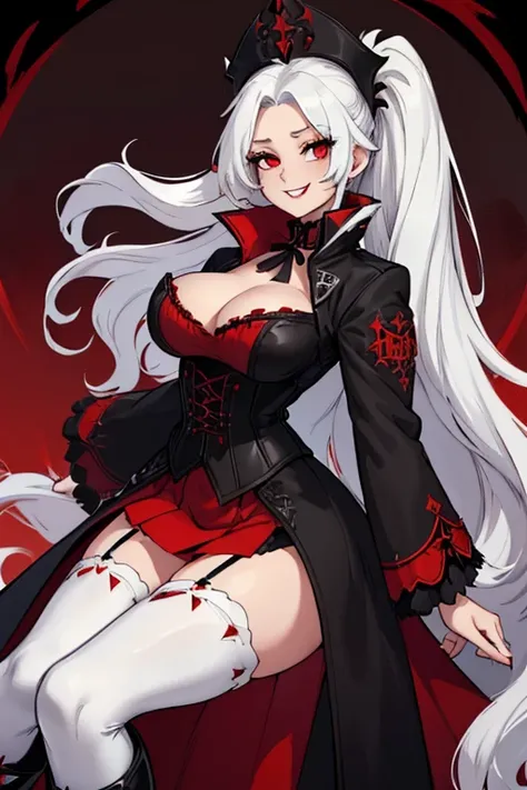 female, white long hair, red eyes, (((1girl))), (((black gothic coat with red trim))), (white corset with black trim), (black skirt), (black thigh high heeled boots), cute and sexy, full body, huge breasts, huge butt, long legs, smiling