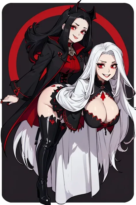 female, white long hair, red eyes, (((1girl))), (((black gothic coat with red trim))), (white corset with black trim), (black skirt), (black thigh high heeled boots), cute and sexy, full body, huge breasts, huge butt, long legs, smiling