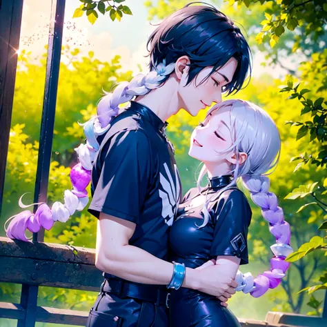 Disorganized、Man and woman couple、highest quality、Masterpiece、Official Art、16K、The best composition、The best light source、The girl has milky white hair with purple inner color, twin long braids, and black clothes in a cyberpunk style.、The man has milky whi...