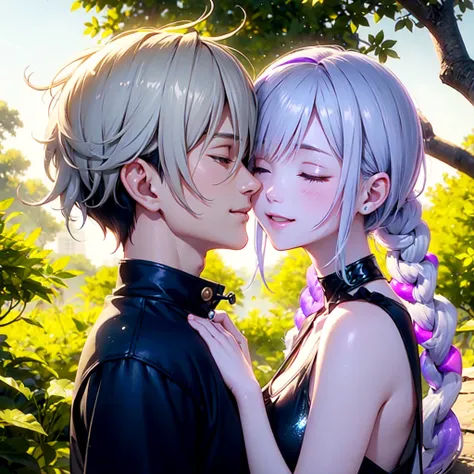 Disorganized、Man and woman couple、highest quality、Masterpiece、Official Art、16K、The best composition、The best light source、The girl has milky white hair with purple inner color, twin long braids, and black clothes in a cyberpunk style.、The man has milky whi...