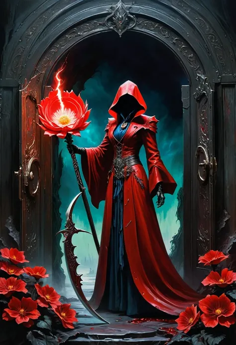 A painting of a beautiful red-robed female death standing in front of，Door of hell，Blooming bloody ghost flower，soul，Charm，frivolous，mystery，Reapers Scythe ，Heavy Metal Style，Metal Art，The flowers made of iron have a metallic luster，Metal texture in the po...