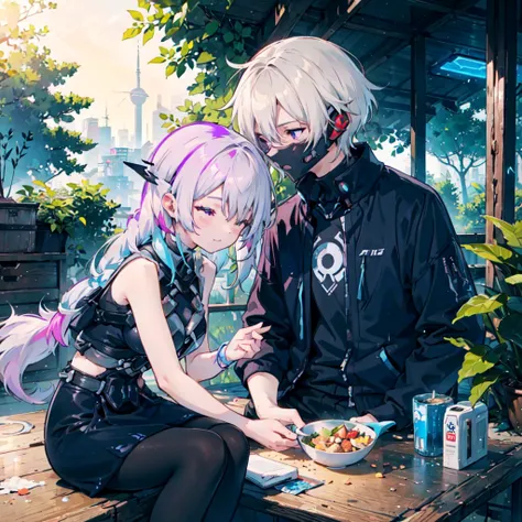 Disorganized、Man and woman couple、highest quality、Masterpiece、Official Art、16K、The best composition、The best light source、The girl has milky white hair with purple inner color, twin long braids, and black clothes in a cyberpunk style.、The man has milky whi...