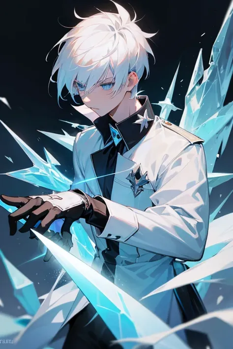 white haired ice boy,black gloves,Uniform,ice icicles,ice sword