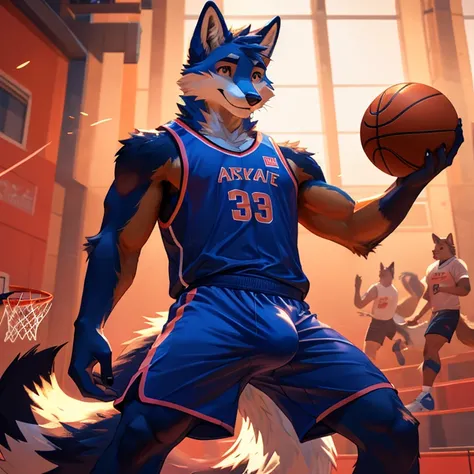 furry fox, shiny satin basketball shorts, Nike, shy smile, erect tail, playful eyes, vibrant colors, natural lighting, flowing movement, detailed fur texture, realistic rendering, athletic physique, dynamic pose, confident stance, crisp focus, sports theme...