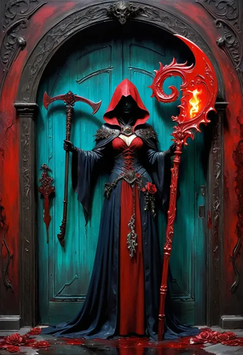 A painting of a beautiful red-robed female death Holding the Reaper Scythe standing in front of，Door of hell，Blooming bloody ghost flower，soul，Charm，frivolous，mystery，Heavy Metal Style，Metal Art，The flowers made of iron have a metallic luster，Metal texture...