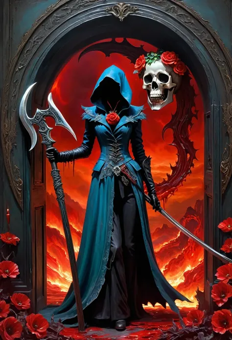 A painting of a beautiful red-robed female death Holding the Reaper Scythe standing in front of，Door of hell，Blooming bloody ghost flower，soul，Charm，frivolous，mystery，Heavy Metal Style，Metal Art，The flowers made of iron have a metallic luster，Metal texture...