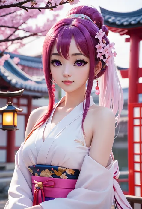 loraggl15, 1 girl, (ulzzang-6500:0.7), kpop-idea, yae miko, detached sleeves, bare shoulders, pink hair, long hair, japanese clo...