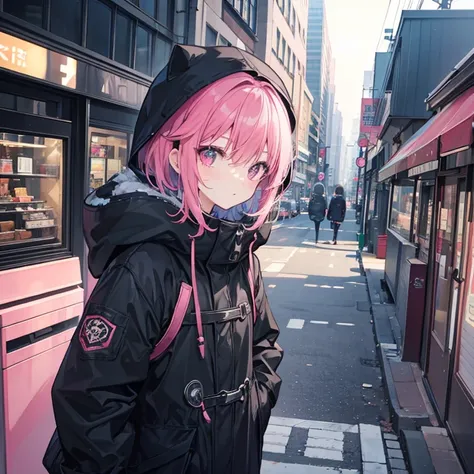 Black corde、parka、short-cut、Pink hair、Inside the city