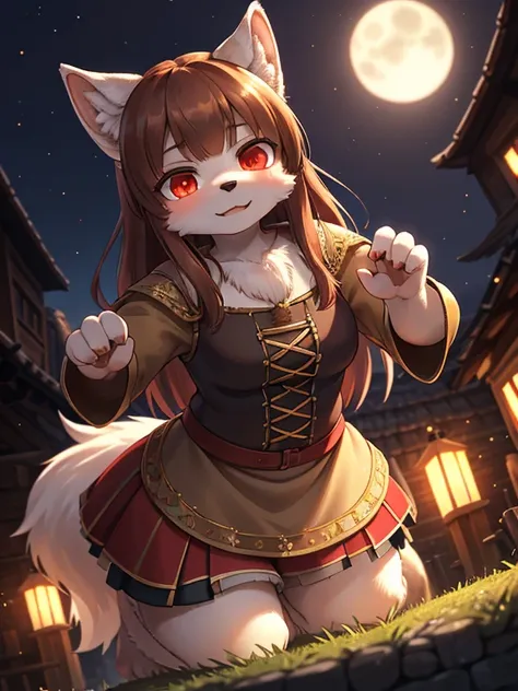 spice and wolf style , Unrealistic Perspective , dynamic angle , rule of thirds Layout , Bokeh  , dynamic fashion model action , hairy wolf girl , realistic hairy fur , round face , moist round red eyes , Swollen cheeks , white skin , white fur , (midnight...