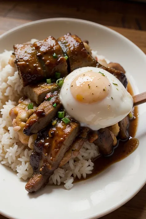 a rice with adobo with egg on the side