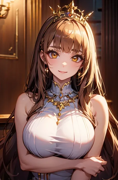 Princess , in castle, high quality, super quality, (detailed face:1.4) ,beautiful young woman , golden eyes, long golden hair , tight gorgeous dress, tiara, necklace , earring , sharpe eyebrow , beautiful bangs are covering her eyes , huge breast  ,upper b...