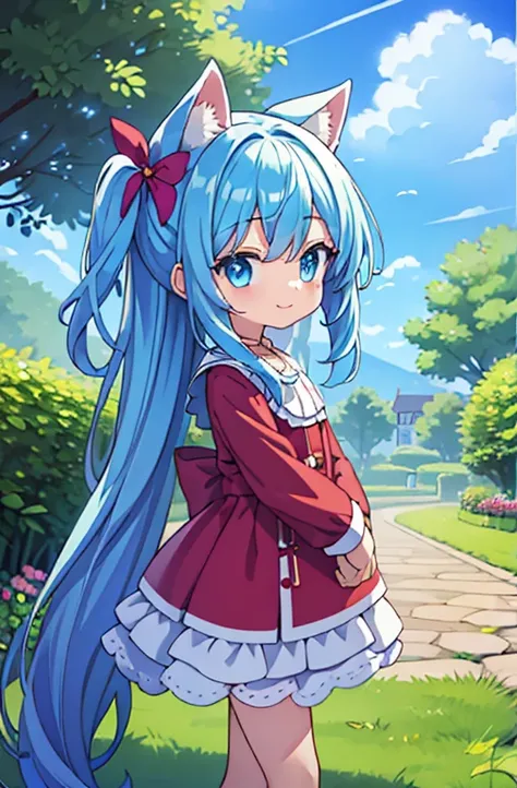 A garden bathed in sunlight　Light blue long hair　Twin-tailed Girl　With two dogs　A really enjoyable walk　Adorable smile　