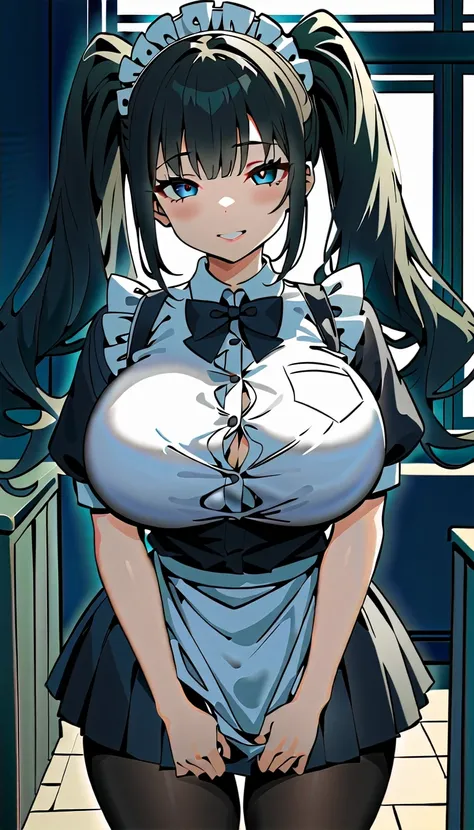 (high quality, 8k, 4K, High Contrast, masterpiece:1.2, 最high quality, Best aesthetics), Beauty, Maid, Very detailed, Seductive and erotic girl with lace headdress, smile, (Big Breasts, Black Hair, Twin tails), Focus on the face, Focus on the face, Complex ...