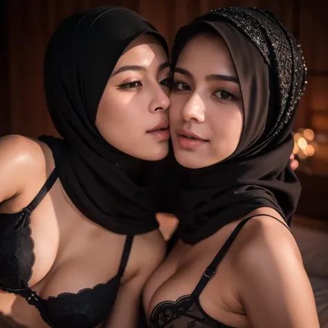 portrait of two lesbian hijab women embracing,woman holding another woman,posing in bed,8k,with raining effect room atmosphere,,dark lighting,,kissing in bed,romanticly,,intimate,,cuddling,,bra only