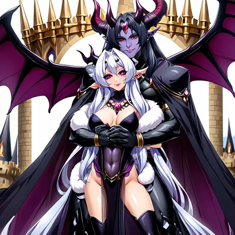 ((highest quality)), ((masterpiece)), (detailed), （Perfect Face）、((The woman is the demonic succubus queen Extia with light blue semi-long hair. The woman is the demonic female succubus and becomes the demonic queen Extia.))、（She is wearing a revealing, lu...